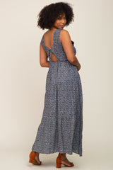 Navy Floral Smocked Sleeveless Back Tie Maxi Dress