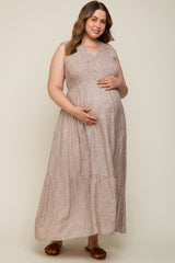 Cream Floral Smocked Sleeveless Back Tie Maternity Plus Maxi Dress