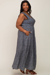 Navy Floral Smocked Sleeveless Back Tie Plus Maxi Dress