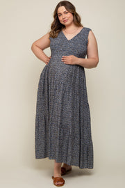 Navy Floral Smocked Sleeveless Back Tie Maternity Plus Maxi Dress