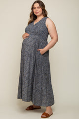 Navy Floral Smocked Sleeveless Back Tie Maternity Plus Maxi Dress