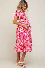 Fuchsia Print Smocked V-Neck Maternity Midi Dress