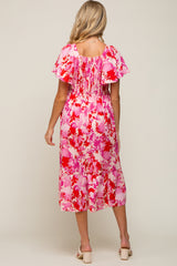 Fuchsia Print Smocked V-Neck Maternity Midi Dress