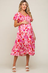 Fuchsia Print Smocked V-Neck Maternity Midi Dress