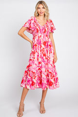 Fuchsia Print Smocked V-Neck Midi Dress