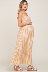 Taupe Striped Smocked Maternity Maxi Dress