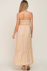 Taupe Striped Smocked Maternity Maxi Dress