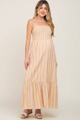 Taupe Striped Smocked Maternity Maxi Dress