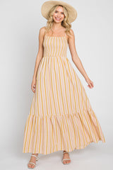 Taupe Striped Smocked Maternity Maxi Dress