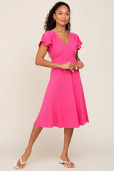 Fuchsia V-Neck Short Ruffle Sleeve Linen Dress