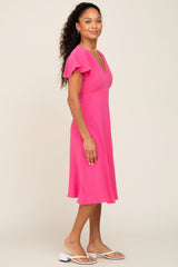 Fuchsia V-Neck Short Ruffle Sleeve Linen Dress