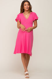 Fuchsia V-Neck Short Ruffle Sleeve Linen Maternity Dress