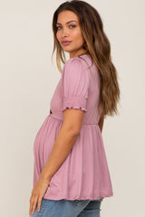 Mauve Puff Sleeve Crossover Maternity/Nursing Top