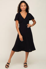 Black V-Neck Short Ruffle Sleeve Linen Dress