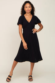 Black V-Neck Short Ruffle Sleeve Linen Dress