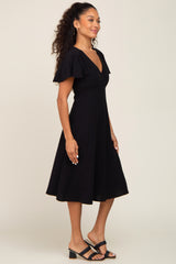 Black V-Neck Short Ruffle Sleeve Linen Dress