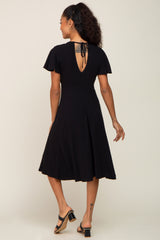 Black V-Neck Short Ruffle Sleeve Linen Dress