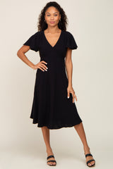 Black V-Neck Short Ruffle Sleeve Linen Dress