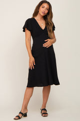 Black V-Neck Short Ruffle Sleeve Linen Maternity Dress