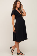 Black V-Neck Short Ruffle Sleeve Linen Maternity Dress