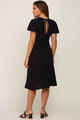 Black V-Neck Short Ruffle Sleeve Linen Maternity Dress