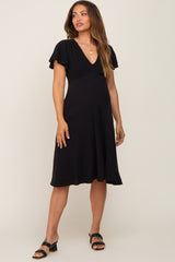 Black V-Neck Short Ruffle Sleeve Linen Maternity Dress