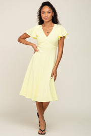 Yellow V-Neck Short Ruffle Sleeve Linen Dress