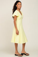 Yellow V-Neck Short Ruffle Sleeve Linen Dress