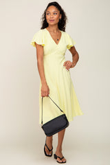 Yellow V-Neck Short Ruffle Sleeve Linen Dress