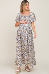 Black Floral Smocked Maternity Maxi Dress