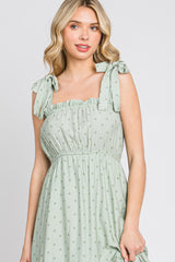 Sage Polka Dot Shirred Midi Dress