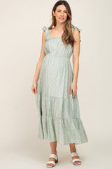 Sage Polka Dot Shirred Maternity Midi Dress