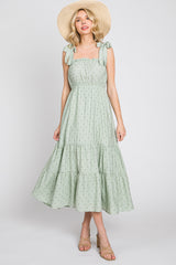 Sage Polka Dot Shirred Midi Dress