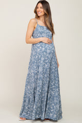 Blue Floral Tiered Maternity Maxi Dress