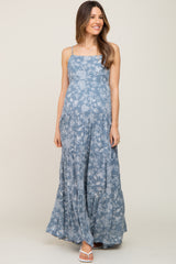 Blue Floral Tiered Maternity Maxi Dress