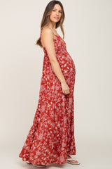 Rust Floral Tiered Maternity Maxi Dress