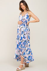 Blue Printed Flounce Maternity Wrap Dress