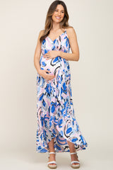 Blue Printed Flounce Maternity Wrap Dress