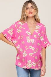 Fuchsia Floral Swiss Dot V-Neck Maternity Top