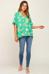 Green Floral Swiss Dot V-Neck Top