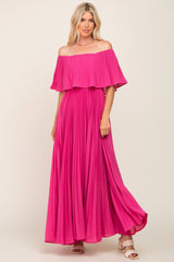 Fuchsia Pleated Layered Off Shoulder Maxi Dress