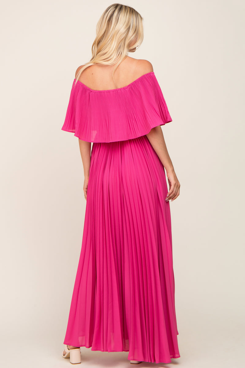 Fuchsia Pleated Layered Off Shoulder Maxi Dress – PinkBlush