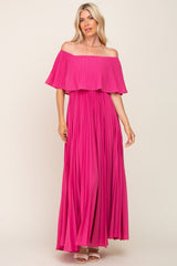 Fuchsia Pleated Layered Off Shoulder Maxi Dress