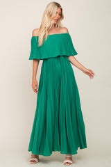 Green Pleated Layered Off Shoulder Maxi Dress