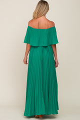 Green Pleated Layered Off Shoulder Maternity Maxi Dress