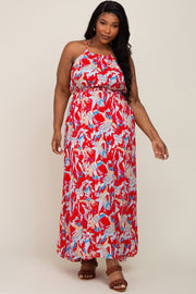 Red Printed Halter Smocked Waist Plus Maxi Dress