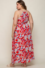 Red Printed Halter Smocked Waist Maternity Plus Maxi Dress