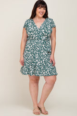 Teal Floral Wrap Front Flutter Sleeve Plus Dress