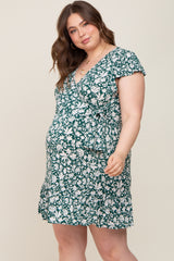 Teal Floral Wrap Front Flutter Sleeve Maternity Plus Dress