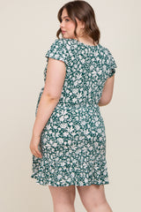 Teal Floral Wrap Front Flutter Sleeve Maternity Plus Dress